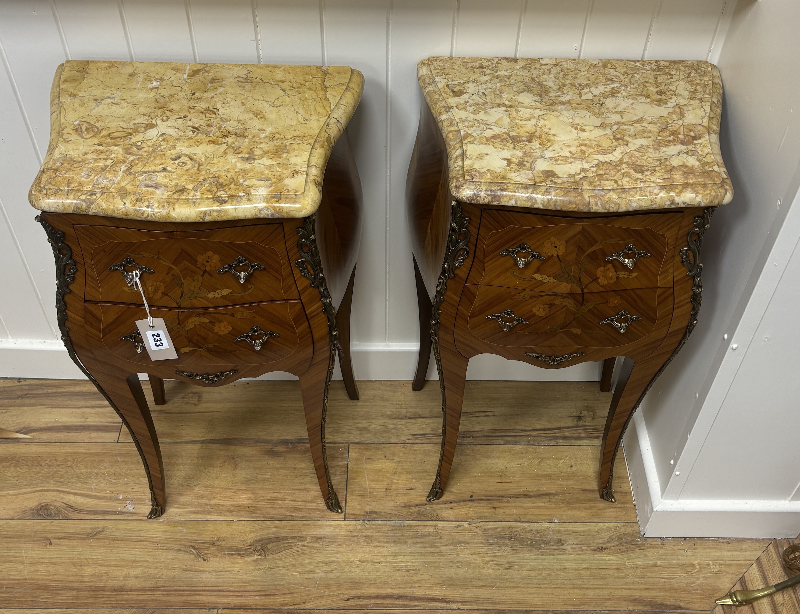 A pair of Louis XV style gilt metal mounted inlaid kingwood marble top bombe bedside chests, width 42cm, depth 30cm, height 72cm